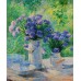 Натюрморт: голубые цветы в бидонах, выполненный маслом на холсте